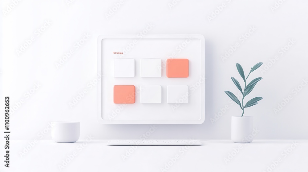 Poster A minimalist workspace featuring a white wall panel with colored squares and a small plant, emphasizing simplicity and modern design.
