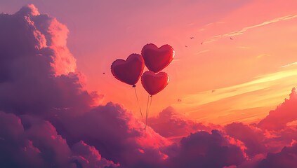 Fototapeta premium Heart Balloons Soaring Above Sunset Clouds: A Romantic Scene