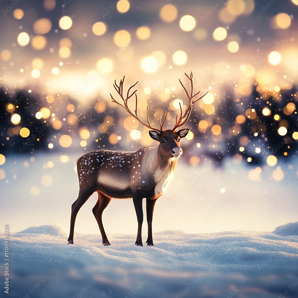 Poster a reindeer stands proudly in a snowy field surrounded by glowing golden bokeh lights that create a f