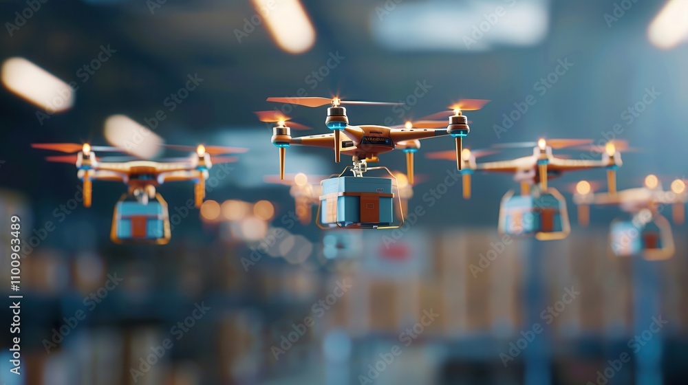 Poster multiple drones equipped with packages flying within a warehouse environment, demonstrating futurist