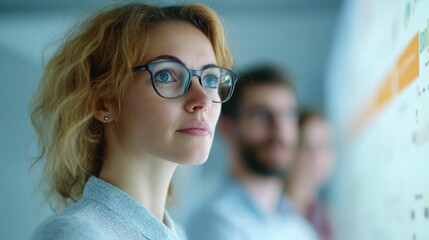 Diverse team of tech professionals including a woman leader collaborating on blockchain development and innovation in a modern creative office environment