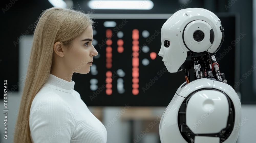 Poster female robotics engineer showcasing cutting edge prototype at futuristic technology expo event