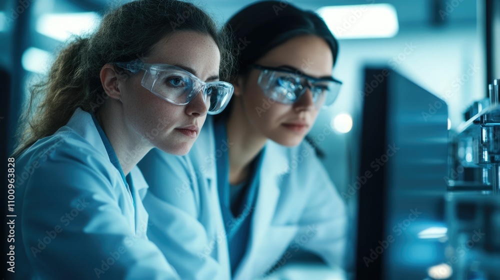 Poster two women scientists in white coats conducting advanced quantum computing experiments and research i