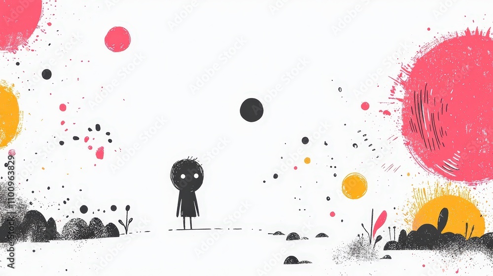 Poster childlike figure in abstract landscape with colorful celestial elements