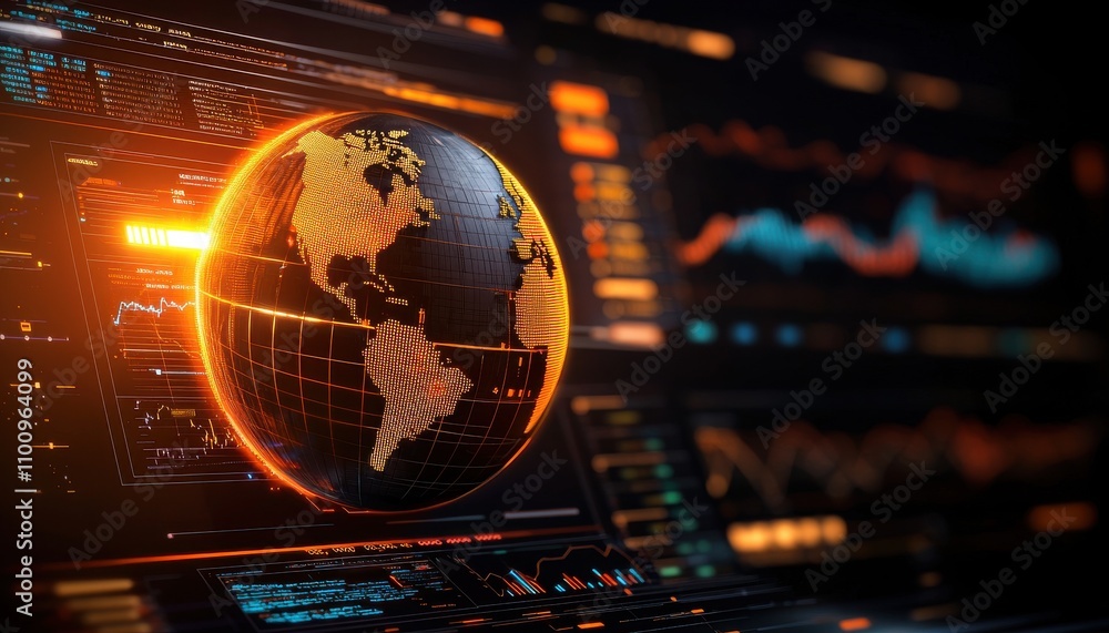 Poster a futuristic depiction of a glowing earth against a backdrop of digital data and graphs, symbolizing
