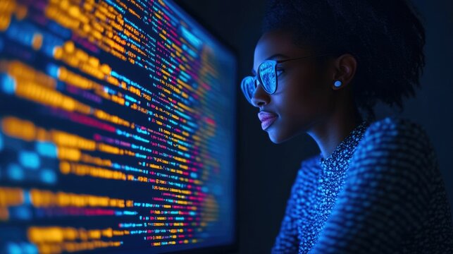 Portrait of a female computer programmer working on software development and innovative technology solutions aimed at driving positive social change and empowering underrepresented groups in the tech