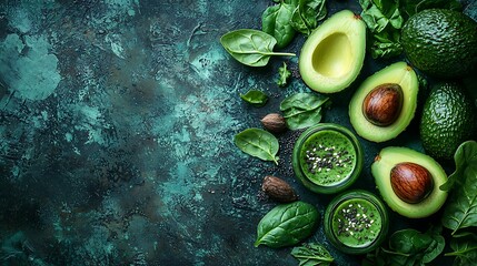 A fresh green smoothie on a table with ingredients like spinach and avocado nearby