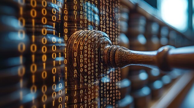 A digital representation of a legal restriction concept with binary code overlay