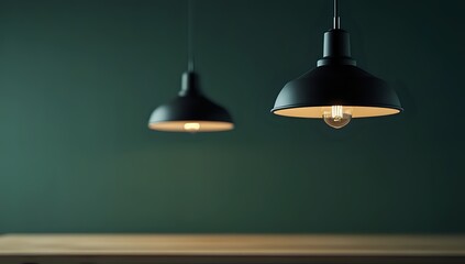 Obraz premium Minimalist Interior Design: Two Pendant Lights Illuminate a Dark Green Wall