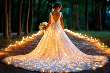A magical bride in a shimmering gown made of starlight, holding a glowing bouquet in an enchanted forest