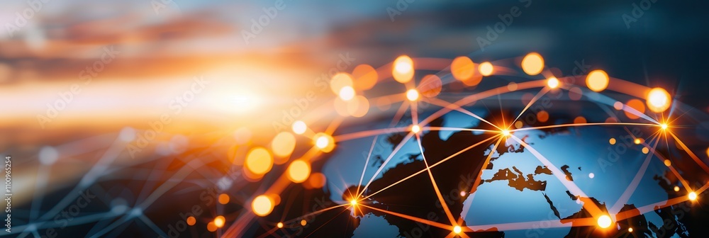 Poster global network connections on a digital globe with glowing nodes and lines at sunrise, representing 