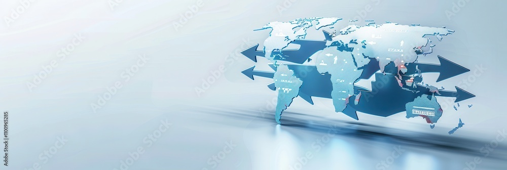 Poster digital world map with arrows indicating global data flow and international connectivity on a futuri