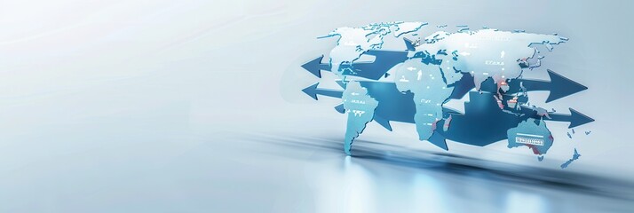 Digital world map with arrows indicating global data flow and international connectivity on a futuristic background