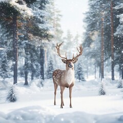 Captivating silhouette of a magnificent reindeer standing amidst the tranquil snow covered pine trees in a serene winter landscape with subtle silver bokeh in the background
