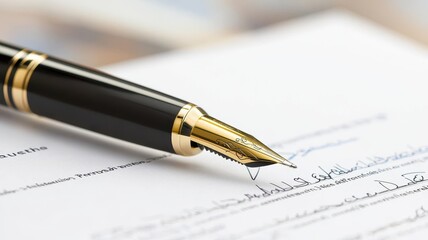 business professional signing important documents concept. A fountain pen on a document with handwritten notes.