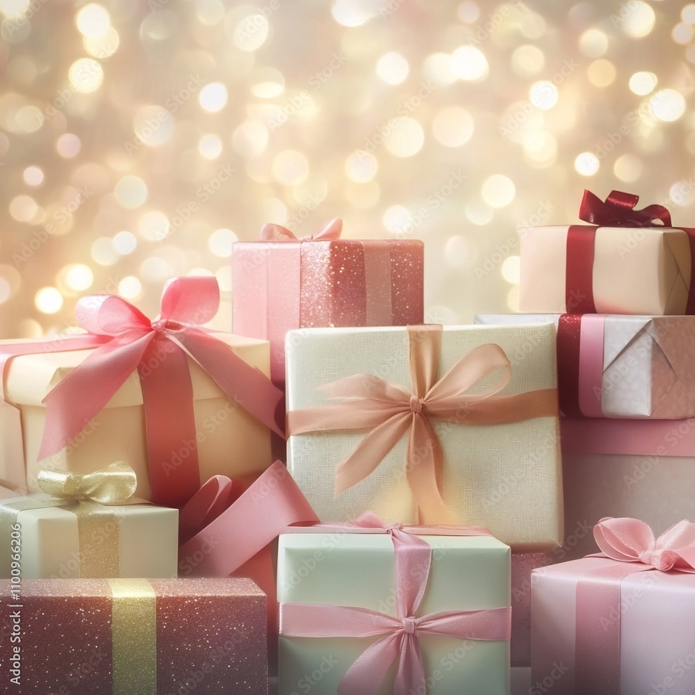 Poster colorful wrapped gift boxes in various sizes and shapes with shimmering ribbons and bows placed agai
