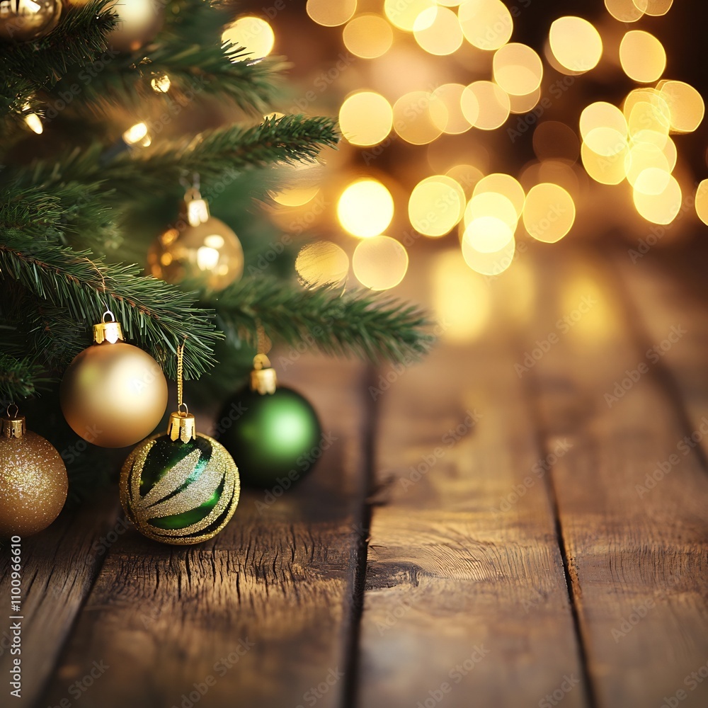 Poster cozy and inviting glowing golden and green christmas tree sparkling on a rustic wooden backdrop with