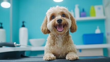 Adorable small dog with a joyful expression sitting on a grooming table in a bright and clean pet grooming salon with blue walls and professional tools