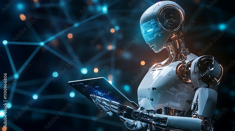 Aufkleber futuristic ai face with glowing neural connections and technology - generated ai
