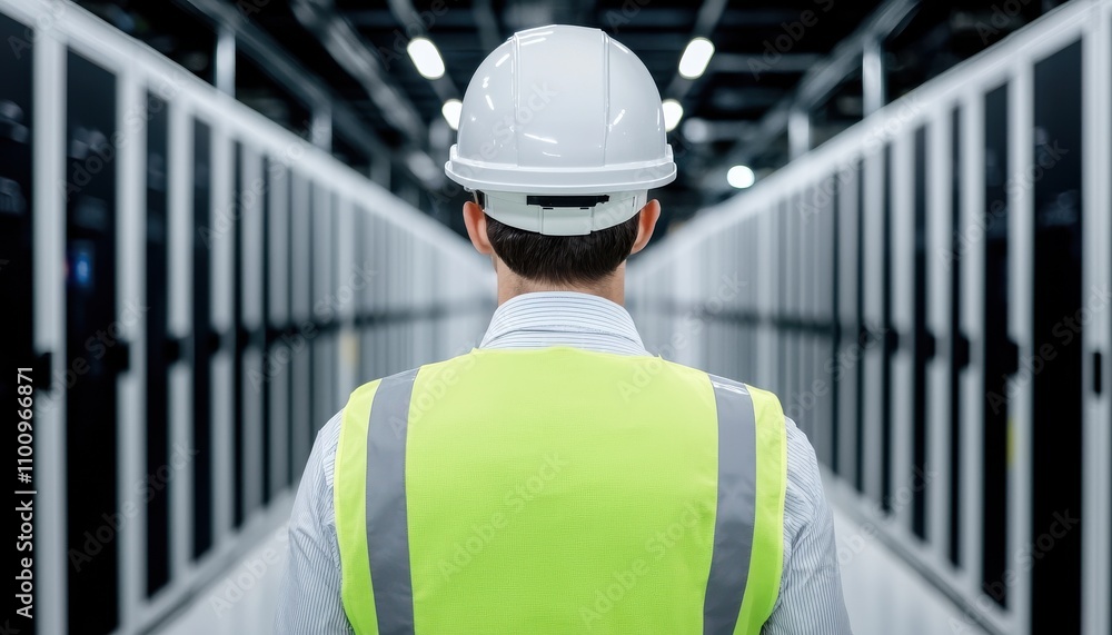 Poster a professional in safety gear stands in a data center, observing rows of server racks, highlighting 