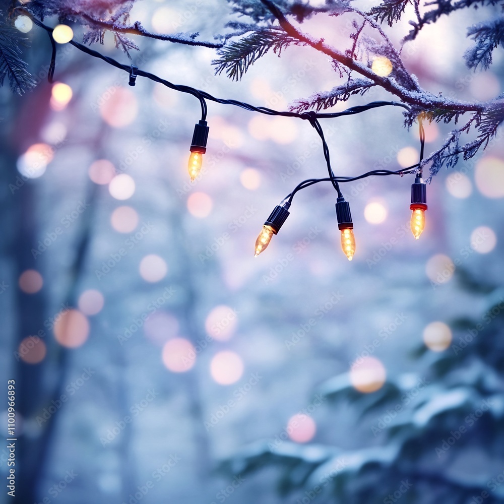 Poster delicate christmas lights hanging in a frosty forest scene creating a dreamy and magical atmosphere 