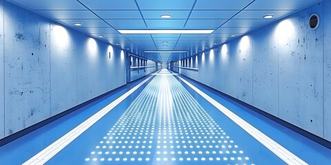 Modern underground tunnel with illuminated advertisement panels.