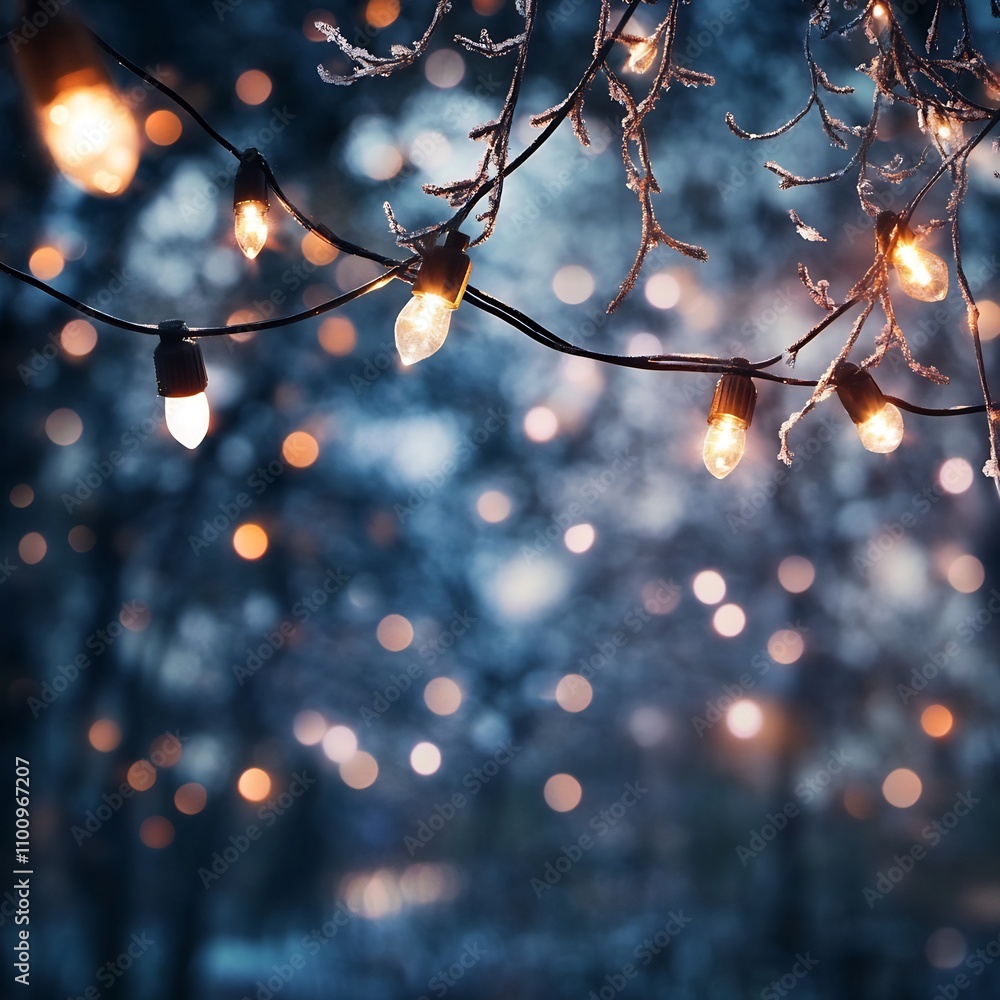 Poster dreamy image of a frosty forest scene with delicate hanging christmas lights creating a magical glow
