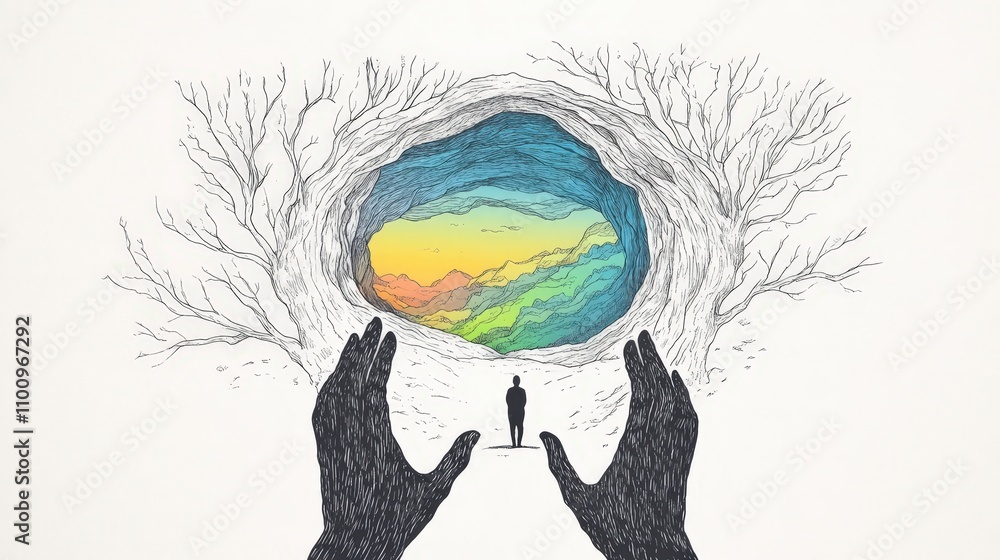 Poster man standing in front of colorful abstract cave surrounded by trees