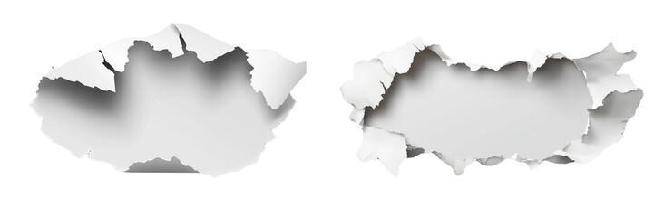 Torn white paper with a hole and ripped edge border, isolated on a transparent background.