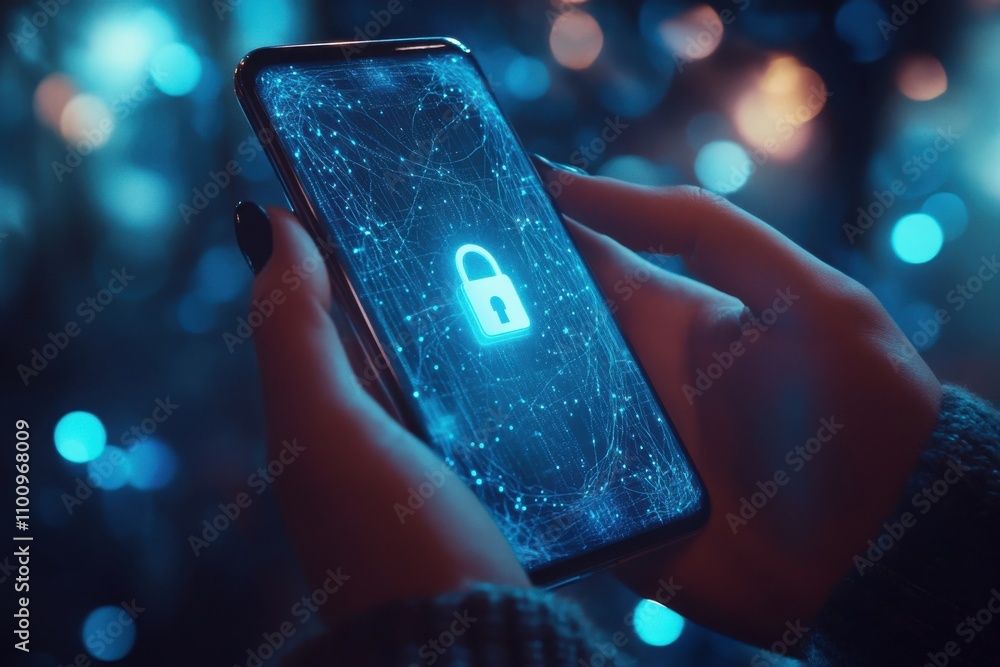 Poster a close up view of hands holding a smartphone displaying a glowing lock icon symbolizing cybersecuri