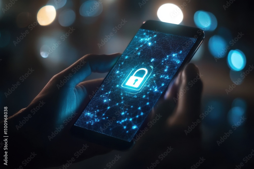Poster a close up view of hands holding a smartphone displaying a glowing lock icon symbolizing cybersecuri