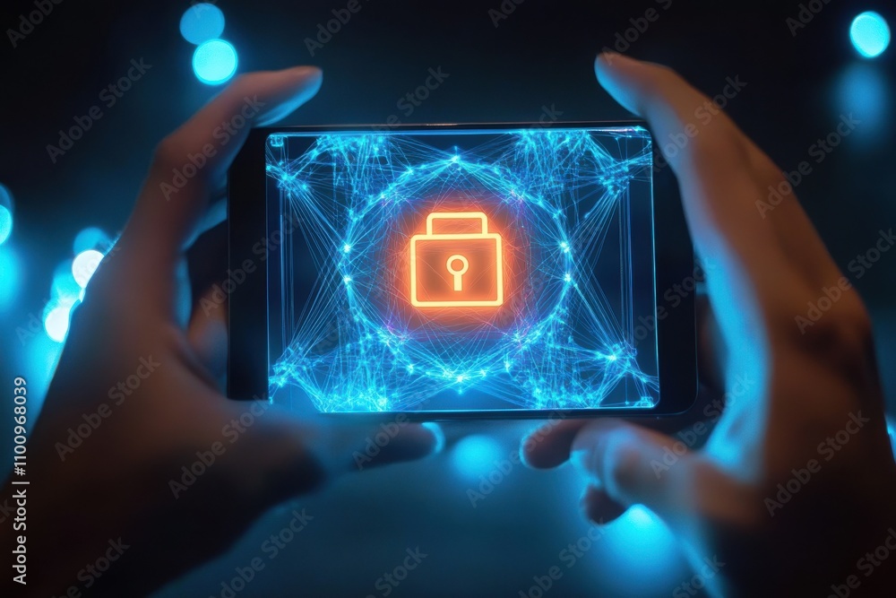 Poster a close up view of hands holding a smartphone displaying a glowing lock icon symbolizing cybersecuri
