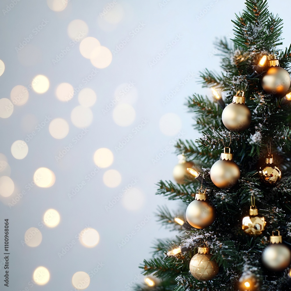 Poster elegant and minimalistic christmas tree with warm glowing lights and sparkling golden baubles on a s