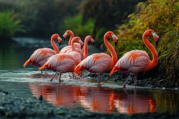 Fototapeta premium A flock of pink flamingos wading in a shallow body of water, their reflections visible in the still water.