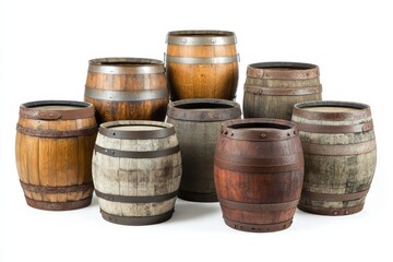 Fototapeta premium A collection of rustic wooden barrels with metal bands arranged in a cluster The rich textured wood