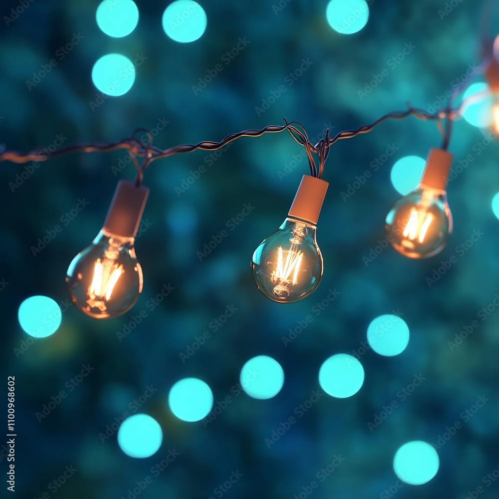 Poster enchanting glowing string lights hanging against a vibrant teal bokeh background creating a warm fes