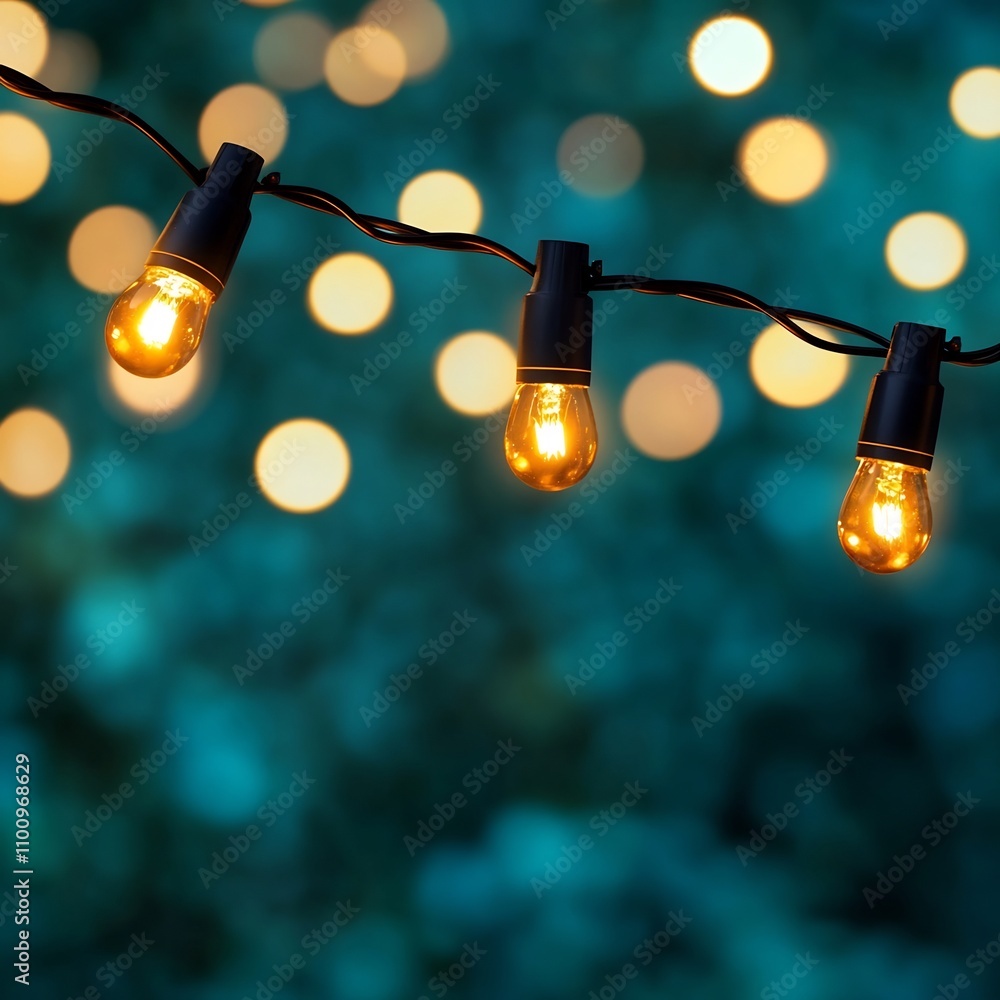Poster enchanting glowing string lights suspended and hanging against a vibrant teal colored bokeh backgrou