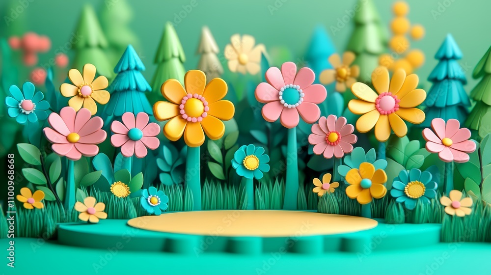Poster a 3d rendering of a colorful spring scene with flowers and trees surrounding a circular podium.