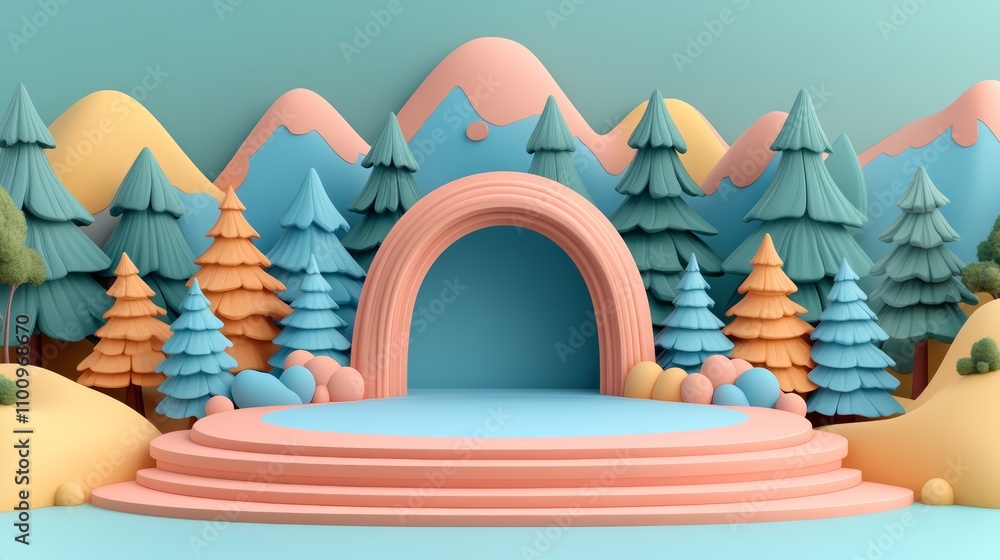 Poster a 3d rendering of a colorful podium with a mountain and forest backdrop.
