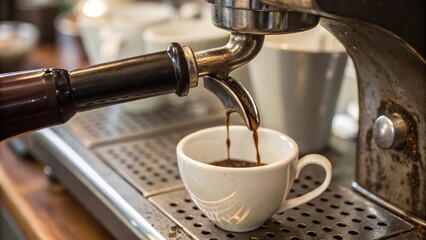 Close-up of a vintage kettle's spout as it pours out a rich dark coffee, liquid, steam, focus on texture, vintage kettle