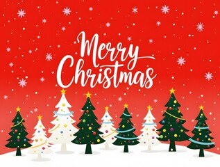 Merry Christmas! Festive Holiday Greeting Card with Decorated Christmas Trees and Falling Snow on Red Background