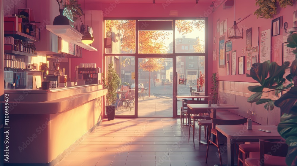 Poster a cafe with pink walls and a large window overlooking a sunny street. the cafe is empty with tables 