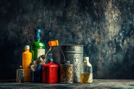 A dramatic still life of household hazardous waste with a focus on the contrast between the bright