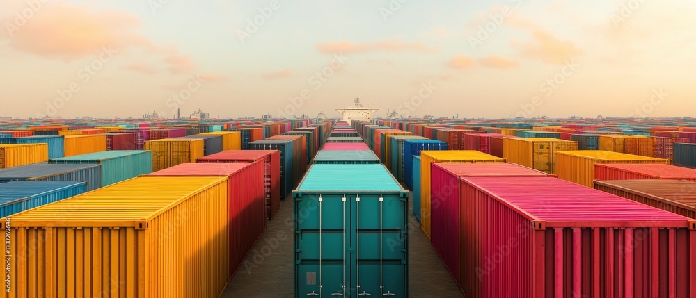 Poster a vibrant array of shipping containers in various colors, arranged in rows under a pastel sky, showc