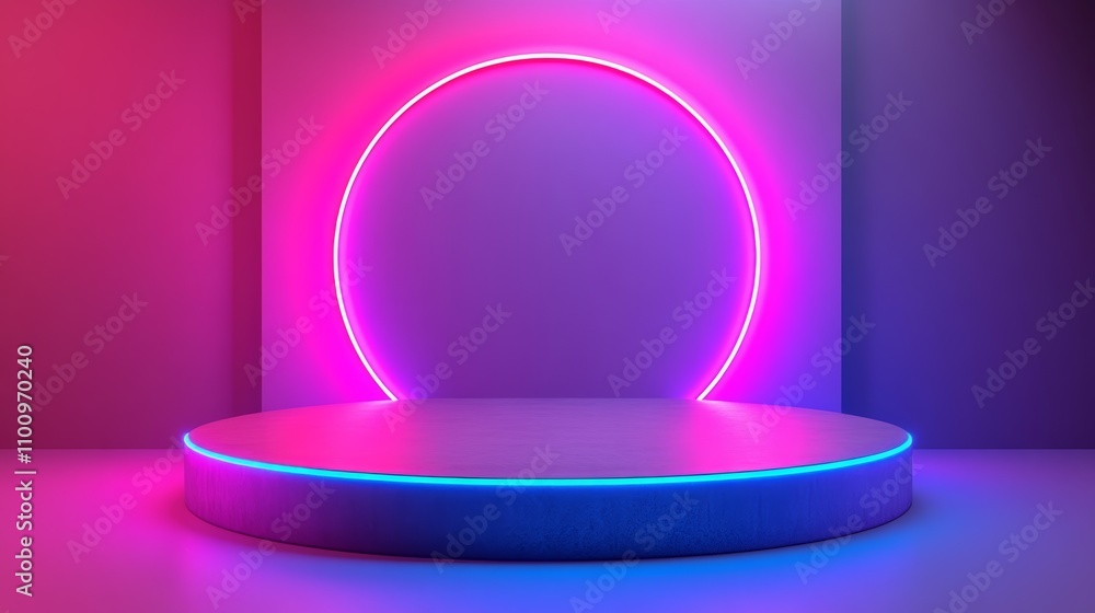 Poster a circular neon light shines on a blank platform for product display with a pink and purple backgrou