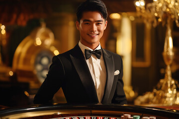 Elegant casino dealer welcoming guests at a high-stakes roulette table in evening. Generative AI