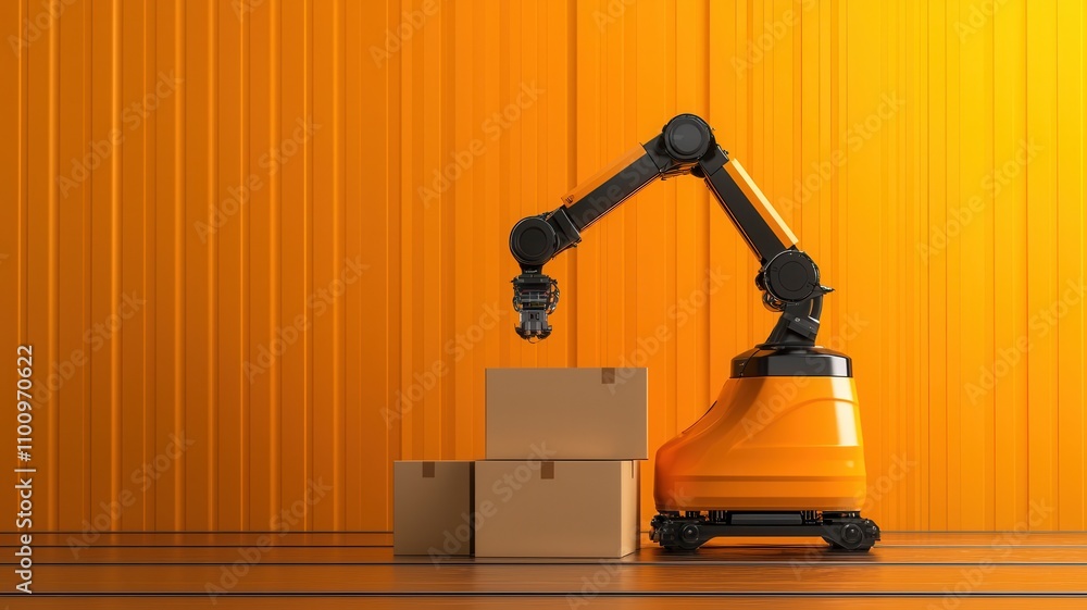 Poster a robotic arm is positioned near stacked boxes against a bright orange backdrop, showcasing automati