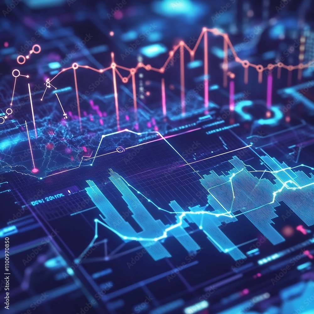 Poster futuristic digital interface displaying holographic financial charts and graphs representing the eur