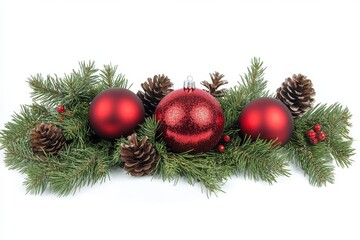 A festive arrangement featuring vibrant red Christmas ornaments nestled among fresh green pine and spruce branches, accented by natural pinecones