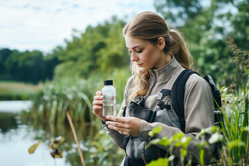 Fototapeta premium Woman examining water sample by serene lake surrounded by lush greenery. Generative AI